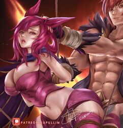 1boy 1boy1girl 1girls abs animal_ears arms_behind_back arms_tied_behind_back artist_name artist_signature ass bare_midriff big_ass big_breasts bondage breasts brown_eyes cheating cheating_girlfriend cheating_wife cleavage cropped_legs female hair_grab head_grab league_of_legends looking_at_viewer male muscular orange_eyes pantyshot patreon_username pink_hair red_hair restrained riot_games sett supullim sweat tied_up upskirt vastaya xayah rating:Explicit score:140 user:Phoenix_Valorant