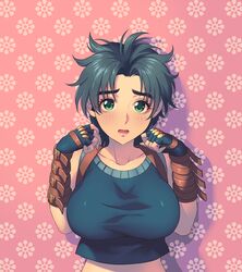 1girls 2015 armlet bare_shoulders blush breasts crop_top cute embarrassed eyebrows_visible_through_hair female female_focus female_only fingerless_gloves fully_clothed genderswap_(mtf) gloves green_eyes green_hair highres huge_breasts jojo's_bizarre_adventure jonathan_joestar looking_at_viewer midriff open_mouth phantom_blood rule_63 shadow short_hair simple_background solo tank_top tora_ryū upper_body w_arms rating:Safe score:56 user:Blookryynnn