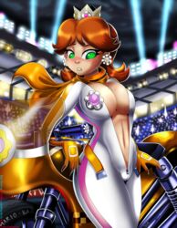 1girls biting_lip blue_eyes blush bodysuit breasts brown_hair cleavage clothed clothing color crown earrings erection female female_only freckles gloves hair human intersex jumpsuit large_breasts light-skinned_female mario_(series) mario_kart midriff mostly_clothed motorcycle navel nintendo penis penis_out princess_daisy scarf shadman solo standing unzipped rating:Questionable score:101 user:deleted7428