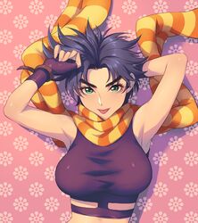 1girls 2015 :p arm_behind_head armpits arms_up bare_shoulders battle_tendency breasts eyebrows_visible_through_hair female female_focus female_only fingerless_gloves genderswap_(mtf) gloves green_eyes highres jojo's_bizarre_adventure joseph_joestar large_breasts looking_at_viewer midriff purple_hair rule_63 scarf shadow solo tank_top tongue tongue_out tora_ryū upper_body rating:Safe score:65 user:Blookryynnn