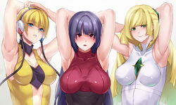 3girls armpits blonde_hair blue_eyes blush breasts elesa_(pokemon) elesa_(pokemon_bw) eye_contact female female_only headphones hikari_(komitiookami) human long_hair looking_at_viewer lusamine_(pokemon) mature_female multiple_girls nintendo pokemon pokemon_bw pokemon_rgby pokemon_sm purple_hair red_eyes sabrina_(pokemon) short_hair rating:Questionable score:103 user:Ugabuga