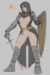 1girls armor armored_boots belt black_eyes black_prior breasts facepaint female female_focus flat_colors footwear for_honor functionally_nude gauntlets gray_background greaves handwear hood knight light_skin medium_breasts mostly_nude nipples pose pussy ragingrabbit2 shield sketch smirk sword rating:Explicit score:123 user:AutumnAlex