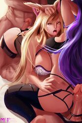 ahri alternate_costume alternate_version_available ass ass_grab big_ass big_breasts big_penis breasts clothed clothing ear_piercing face_markings fox fox_ears fox_girl grabbing_ass grabbing_hair hair_grab imminent_sex k/da_ahri k/da_kai'sa k/da_series kai'sa kitsune kumiho league_of_legends lenceria lingerie makeup miraihikari nail_polish nails naughty_face penis pink_fur pink_lipstick purple_hair riot_games tongue tongue_out violet_hair yellow_eyes yellow_hair rating:Explicit score:181 user:kris923