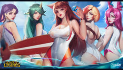 5girls ahri animal_ears ass beach big_ass big_breasts bikini breasts brown_eyes brown_hair green_eyes green_hair horn jinzeking123 league_of_legends looking_at_viewer miss_fortune orange_hair pink_eyes purple_eyes purple_hair pussy riot_games soraka star_guardian_ahri star_guardian_miss_fortune star_guardian_series star_guardian_soraka star_guardian_syndra star_guardian_xayah surfboard syndra xayah rating:Explicit score:165 user:Phoenix_Valorant