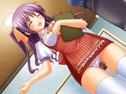 censored closed_eyes clothed_masturbation clothing discreet_vibrator from_below game_cg gohoushi_kissa_~tenshi-tachi_ni_omakase~ looking_up masturbation panties panties_aside pantyshot public_vibrator purple_hair pussy pussy_juice sen'ou_rio side_ponytail sneaky source_request stockings thighhighs underwear upskirt vibrator vibrator_under_clothes waitress white_panties rating:Explicit score:30 user:bot