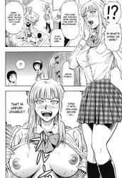 breasts comic daigo hard_translated highres monochrome nipples open_clothes open_shirt school_uniform shirt sisters(hentai) sweat translated rating:Explicit score:13 user:bot