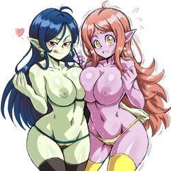 2girls alternate_breast_size black_legwear blue_hair blush breast_press breasts busty chronoa circlet cleavage commission commissioner_upload core_person demoness dragon_ball dragon_ball_heroes earrings female_only goddess green_nipples green_skin highres jewelry large_breasts lewdamone licking_lips light_brown_hair long_hair looking_at_viewer multiple_girls nipples panties panty_pull pink_skin pointy_ears potara_earrings red_eyes robelu_(dragon_ball) smile striped striped_panties super_dragon_ball_heroes supreme_kai supreme_kai_of_time sweat sweating thick_thighs thighs time_power_unleashed_form_(dragon_ball) tongue tongue_out underwear voluptuous yellow_eyes yellow_legwear yuri rating:Explicit score:250 user:bot