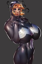 1girls alien alternate_breast_size alternate_outfit ass belly big_breasts black_skin blonde_hair blue_eyes breasts_bigger_than_head eyelashes female female_only fit grey_background gwen_stacy gwenom half-closed_eyes huge_breasts human large_breasts light-skinned_female light_skin lipstick living_suit looking_away looking_down marvel marvel_comics muscular muscular_female navel no_nipples no_pussy ph pose red_lipstick she-venom short_hair slime smile solo source_request spider-gwen spider-man_(series) standing symbiote teeth thick_thighs venom_(marvel) wet rating:Safe score:234 user:Ponic5