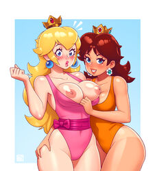 2girls alternate_breast_size arousal ass_worship assisted_exposure bedroom_eyes big_ass big_breasts big_butt big_lips bimbo blonde_hair blue_background blue_eyes blush body_worship breast_worship breasts breasts_out breasts_out_of_clothes brown_hair cleavage clothing crown curvy duo earrings eyebrows_visible_through_hair female female_only flower_earrings fondling groping groping_ass hand_on_hip hi_res highres hip_grab hourglass_figure large_breasts leotard lesbian light-skinned_female light_skin lips lipstick long_hair looking_at_viewer mario_(series) multiple_girls nintendo nipples no_bra ogling orange_leotard pale-skinned_female pink_leotard princess_daisy princess_peach ribbon rizdraws secretly_loves_it seductive seductive_eyes seductive_look shiny_hair shiny_skin shoulder_length_hair simple_background smile standing tan tan-skinned_female tan_skin tanned_skin teeth thick thick_thighs thighs topless uncomfortable violation white_border wide_hips yuri rating:Explicit score:945 user:Ponic5