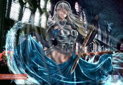 cape corrin_(female)_(fire_emblem) corrin_(fire_emblem) fire_emblem fire_emblem_fates lepypepy long_gloves long_hair manakete sword water rating:Explicit score:13 user:kris923