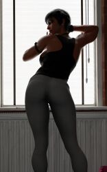  ass_focus black_hair blender blender_(software) blender_cycles dommorama ear_piercing earrings female female_focus female_only looking_at_viewer looking_back nose_bandage overwatch overwatch_2 pharah presenting presenting_hindquarters short_hair showing_off solo_female solo_focus tank_top tomboy yoga_pants  rating:questionable score: user:bot