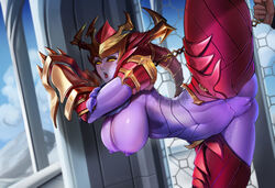 1girls areolae badcompzero big_breasts blush breasts female huge_breasts large_breasts league_of_legends nipples open_mouth pussy shyvana solo_focus spread_legs tongue tongue_out rating:Explicit score:234 user:justausername