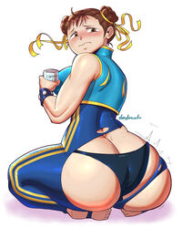 big_ass big_breasts blush brown_eyes brown_hair chun-li double_bun female female_only joylewds long_hair looking_back mature_female solo solo_female solo_focus street_fighter thick_thighs rating:Explicit score:75 user:Ponic5