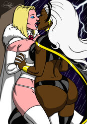 2girls blonde_hair blue_lipstick breast_press cape dark-skinned_female dark_skin earrings emma_frost eye_shadow eyes_closed female female_only gloves interracial interracial_yuri kaywest kissing marvel marvel_comics ororo_munroe rain storm_(x-men) thighhighs white_hair x-men yuri rating:Questionable score:62 user:JeJo