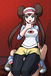 1boy 1girls blue_eyes brown_hair clothed_female_nude_male game_cg hat highres human looking_at_viewer male_pov mosbles pantyhose penis pokemon pokemon_bw pokemon_bw2 pokemon_masters precum rosa's_pose_analyzing rosa_(pokemon) shoes simple_background sneakers sofa sumata sumata_cafe thick_thighs thigh_sex twintails visor_cap rating:Explicit score:159 user:deleted3540