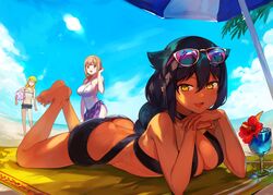 3girls alcohol animal_ears barefoot beach beverage black_hair dark-skinned_female dark_skin drink feet feet_up female female_only hotpants human_female jahy jahy_sama_wa_kujikenai! konbu_wakame ocean public seaside smile sunglasses sunglasses_on_head yellow_eyes rating:Questionable score:351 user:Jahy