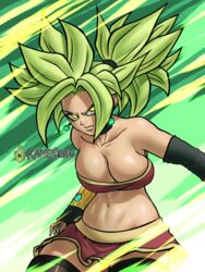 1girls abs absurd_res absurdres artist_name belly belly_button biceps big_breasts black_sleeves breasts dragon_ball dragon_ball_super earrings female female_focus female_on_top female_only female_solo fusion gold_bracelet green_background green_earrings green_hair hips kameseru kefla legendary_super_saiyan looking_away looking_to_the_side looking_up muscles navel ponytail potara_earrings red_clothing saiyan serious serious_look shiny shiny_breasts shiny_hair shiny_skin skirt skirt_up solo solo_female solo_focus spiky_hair super_saiyan thick thick_bottom_lip thick_hips thick_thighs thigh_highs thighhighs thighs tube_top tubetop watermark yellow_eyes rating:Explicit score:87 user:N4r4nc14_Gh1rg4