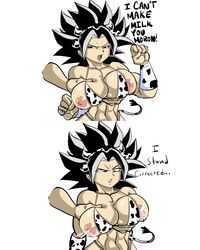 angry big_breasts black_eyes black_hair blush breasts caulifla cow_girl cow_horns cow_print cow_tail dragon_ball dragon_ball_super english_text female huge_breasts lactation light-skinned_female light_skin long_hair milking muscular_female pseudocel saiyan spiky_hair surprised text universe_6/universe_7 universe_6_saiyan/universe_7_saiyan rating:Explicit score:182 user:KungTang