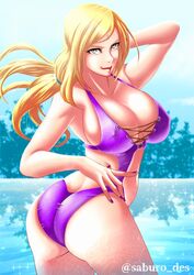 1girls arm_behind_head ass big_breasts blonde_hair breasts brown_eyes cleavage facial_mark female female_only forehead_mark lipstick long_hair makeup nail_polish naruto naruto_(series) naruto_shippuden ocean posing saburo_des smile solo swimsuit tsunade water waves rating:Questionable score:98 user:UnrealHarbor