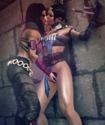 2girls 3d 3d_(artwork) black_hair bottomless clone clothed_female female_only hand_on_chin hand_on_pussy jenbitch kissing kitana kiteena looking_at_another mileena mortal_kombat mortal_kombat_x partially_clothed pinned pubic_hair sai_(weapon) sharp_teeth xnalara yuri rating:Explicit score:177 user:Jenbitch