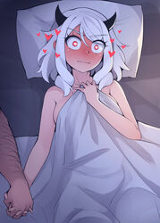 1boy 1girls after_sex bed black_horn blush breasts demon demon_girl female full-face_blush hand_holding handholding heart heart-shaped_pupils hearts helltaker holding_hands holding_hands_is_lewd human humanoid kerasu large_breasts lying male modeus_(helltaker) nude on_bed ricegnat straight uncommon_stimulation white_hair wholesome rating:Questionable score:502 user:Alex180