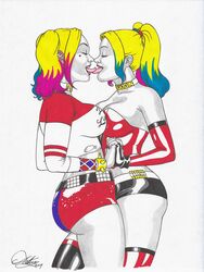 2girls big_ass dc dc_comics eyes_closed harley_quinn holding_hands kaywest legs_tied pressing_breasts_together selfcest shorts tongue_kiss tongue_out white_skin yuri rating:Explicit score:27 user:JeJo