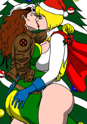 2girls anna_marie ass_grab blonde_hair bodysuit breast_press brown_hair cape christmas christmas_tree cleavage cleavage_cutout closed_eyes clothed clothed_female clothes clothing crossover dc dc_comics eyes_closed female female/female female_only gloves hand_on_ass hat headband jacket karen_starr kaywest kiss kissing large_breasts leotard lipstick long_hair marvel marvel_comics mistletoe power_girl red_lips red_lipstick rogue_(x-men) santa_hat short_hair superheroine superman_(series) two_tone_hair uncensored white_hair x-men yuri rating:Explicit score:43 user:JeJo