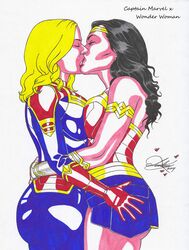 2019 2girls black_hair blonde_hair captain_marvel carol_danvers dc dc_comics diana_prince female female/female female_only kaywest kiss kissing making_out marvel marvel_cinematic_universe marvel_comics wonder_woman wonder_woman_(series) yuri rating:Questionable score:24 user:JeJo