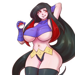 1:1 1girls :p abs bad_censor big_breasts black_hair breasts censored covered_nipples covering female female_only fortunia_(pokémon) frontier_brain gloves huge_breasts human human_only lips long_hair looking_away lucy_(pokemon) multicolored_hair navel nintendo pale-skinned_female pale_skin partially_clothed pinkkoffin pokémon pokeball pokemon pokemon_rse purple_gloves red_eyes shiny_skin solo standing thick_thighs thighs two_tone_hair underboob very_long_hair voluptuous white_background wide_hips rating:Questionable score:85 user:Fove_vento