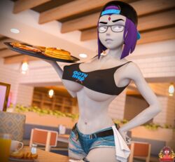 1girls 3d 3d_(artwork) big_breasts breasts dc dc_comics denim_shorts erect_nipples fast_food fast_food_uniform female female_only forehead_jewel forsaken_(artist) glasses goth goth_ihop ihop large_breasts nipple_bulge nipples purple_eyes purple_hair rachel_roth raven_(dc) rolling_eyes skimpy_clothes skin_tight teen_titans tray waitress rating:Questionable score:196 user:justausername