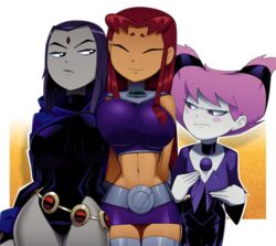 3girls alternate_breast_size belt big_breasts blush breast_envy breasts cleavage cloak clothing dc dc_comics female female_only footwear grey_skin hourglass_figure human jinx_(dc) large_breasts neckwear outerwear pale_skin purple_hair rachel_roth raven_(dc) ravenravenraven small_breasts starfire straight_hair teen_titans thick_thighs thin_waist wide_hips rating:Questionable score:427 user:justausername