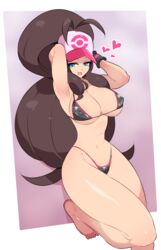 1girls abs armpits bikini black_thong blue_eyes eye_contact female hat hilda_(pokemon) human large_breasts long_hair looking_at_viewer micro_bikini nac000 nintendo pokemon pokemon_bw solo thick_thighs thong wide_hips rating:Questionable score:144 user:Ugabuga