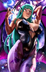  1female bat_wings big big_breasts bodysuit breasts cameltoe capcom darkstalkers female female female_only green_hair head_wings huge large_breasts looking_at_viewr moon moonlight morrigan_aensland skintight solo succubus wings yagamiartt  rating:safe score: user:bot