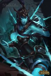 armor black_hair blue_eyes blue_skin breasts citemer clothed dark_hair kalista league_of_legends long_hair spears spread_legs rating:Questionable score:76 user:luxtracon