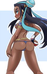 1girls ass big_ass blue_eyes blue_hair blush breasts dark-skinned_female dark_skin earrings eye_contact female hair_ornament human long_hair looking_at_viewer looking_back micro_bikini nessa_(pokemon) nintendo pokeball pokemon pokemon_ss sideboob sweat thighs tsubasa_(godbardtsubasa) two_tone_hair wide_hips rating:Questionable score:45 user:Ugabuga