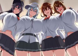 2020 4girls aged_up akatsuki_(kantai_collection) black_hair blue_eyes breast_press breasts brown_eyes brown_hair cap female female_only folded_ponytail grey_hair hammer_and_sickle hat hibiki_(kantai_collection) highres huge_breasts ikazuchi_(kantai_collection) inazuma_(kantai_collection) indoors kantai_collection kloah looking_at_viewer multiple_girls navel open_mouth purple_eyes school_uniform skirt smile teeth thick_thighs thighs tongue verniy_(kantai_collection) rating:Questionable score:352 user:Blookryynnn