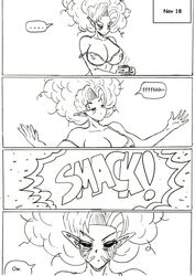 1girls bed_hair black_and_white coffee dragon_ball dragon_ball_super dragon_ball_z english_text lingerie no_nut_november page_18 slap slap_mark smack smacking thewritefiction tired_expression tired_eyes zangya rating:Explicit score:8 user:Omnidragon10