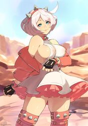 1girls blue_eyes blush breasts dress elphelt_valentine female_focus female_only frilled_dress frills fully_clothed gloves guilty_gear guilty_gear_strive hairband highres jacket large_breasts light_skin pink_hair short_hair smile solo spiked_collar squeezable thighs white_hair rating:Questionable score:205 user:Rami_Noodl