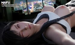 1girls 3d bed black_hair breasts breasts_out cityscape female female_only final_fantasy final_fantasy_vii final_fantasy_vii_remake large_breasts looking_at_viewer lying_down midriff naifu navel nipples on_back one_eye_closed red_eyes shirt_up smooth_skin solo solo_female suspenders tank_top tifa_lockhart window wink rating:Questionable score:61 user:Naifu_NSFW