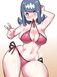 1girls alternate_breast_size alternate_costume ass_visible_through_thighs bikini blue_eyes blue_hair breasts cleavage curvaceous curvy eyebrows female female_only gradient gradient_background high_resolution hourglass_figure human human_only kenron_toqueen lana's_mother_(pokemon) large_breasts long_hair milf mob_face mouth_hold nintendo pokemon pokemon_sm ponytail smile solo string_bikini swimsuit thick_thighs tied_hair v_sign very_high_resolution voluptuous white_background wide_hips rating:Explicit score:230 user:TwinkieLord