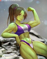 1girls abs big_breasts didi_esmeralda female female_only flexing flexing_bicep green_hair green_skin hulk_(series) looking_at_viewer marvel marvel_comics muscles muscular muscular_female panties ponytail she-hulk smile solo solo_female sports_bra tied_hair toned toned_female rating:Safe score:111 user:justausername