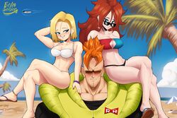 2girls android android_16 android_18 android_21 android_21_(human) big_breasts blonde_female blonde_hair blue_eyes blush bob_cut brown_hair dragon_ball dragon_ball_fighterz dragon_ball_super dragon_ball_super_super_hero dragon_ball_z echosaber long_hair male milf nipples short_hair sitting_on_person straight rating:Explicit score:156 user:Ponic5