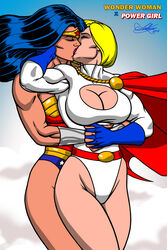 2016 2girls black_hair blonde_hair cape dc dc_comics diana_prince female female/female female_only from_behind holding_face holding_hands karen_starr kaywest kiss kissing leotard passionate power_girl superman_(series) wonder_woman wonder_woman_(series) yuri rating:Questionable score:64 user:JeJo