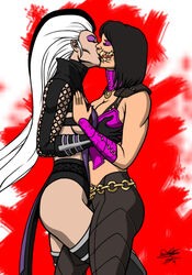 2016 2d 2girls black_hair breast_grab breast_press breasts cleavage edenian eyes_closed eyeshadow female female_only hair_streak hybrid incest kaywest kissing legs_tied mileena milf mortal_kombat mortal_kombat_x mother_and_daughter sindel tarkatan white_hair white_skin yuri rating:Explicit score:45 user:JeJo