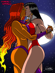 2017 2girls bikini_armor clothed clothed_female clothes clothing crossover dc dc_comics eyes_open female female/female female_only green_eyes holding_hands human human_on_humanoid humanoid interspecies interspecies_yuri kaywest kiss kissing koriand'r leotard light-skinned_female light_skin moonlight orange-skinned_female orange_skin revealing_clothes signature starfire superheroine surprised tamaranean teen_titans vampire vampirella yuri rating:Questionable score:112 user:JeJo