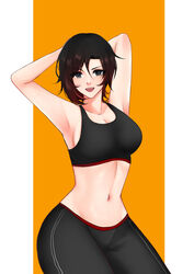 1girls background belly_button breasts day_an female_only gym_uniform hands_behind_head nose open_mouth pose red_hair ruby_rose rwby short_hair silver_eyes simple_background smiling solo sports_bra sportswear teeth white_skin rating:Safe score:87 user:darkrobbe1