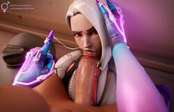 2futas 3d 3d_(artwork) ashe_(overwatch) big_breasts big_penis blizzard_entertainment blowjob breasts brown_skin cum cum_string dark-skinned_futanari dark_skin erection eyeshadow fellatio futa_on_futa futa_pov futanari just_the_tip justfuta large_breasts mole mole_on_penis naughty_face oral overwatch penis pov red_eyes red_lipstick short_hair sombra white_hair rating:Explicit score:453 user:Eon_Fortnite