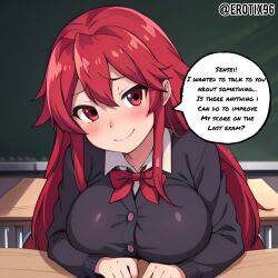  1girls ai_generated big_breasts blush busty classroom clothed clothing erotix96 female female_only horny horny_female huge_breasts itadaki!_seieki large_breasts long_hair looking_at_viewer red_eyes red_hair school_uniform schoolgirl setogaya_mari solo speech_bubble succubus upper_body vampire vampire_girl voluptuous voluptuous_female  rating:questionable score: user:bot