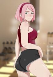 1girls 2020 2020s after_workout agung911 ass bedroom_eyes behind_view big_breasts black_shorts boruto:_naruto_next_generations breasts female female_only forehead_mark green_eyes gym gym_shorts hairband headband indoors large_breasts looking_at_viewer looking_back naruto naruto_(series) pink_hair red_tank_top sakura_haruno seductive seductive_look seductive_smile shorts sideboob smile solo sweat sweatdrop sweaty tank_top tomboy rating:Questionable score:290 user:UnrealHarbor