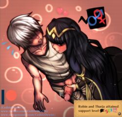 1boy 1girls assertive black_eyes black_hair black_nails blush bodystocking cedric_dewitt english_text faceless_male fire_emblem fire_emblem_awakening handjob heart long_hair mostly_clothed motion_lines nail_polish nervous nintendo pants_down penis penis_out precum robin_(fire_emblem) robin_(fire_emblem)_(male) suggestive text text_box tharja_(fire_emblem) white_hair rating:Explicit score:61 user:kris923